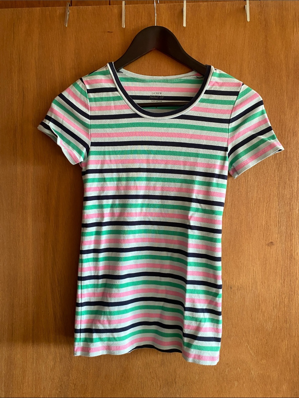 J. Crew Pink, Green & Navy Striped Short Sleeve Tee